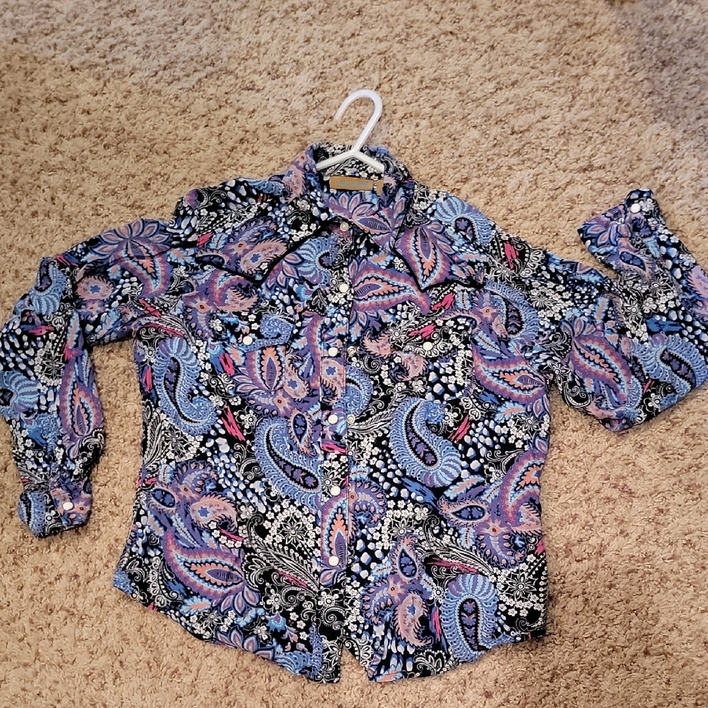 Wrangler Kids Paisley Button Down Shirt - Blue, Pink, Black